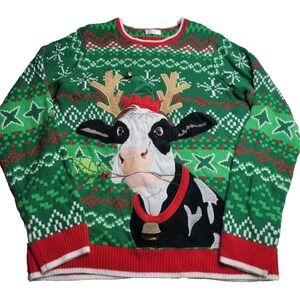 Holiday Time Sweater Adult M 38-40 Christmas Moood Farm Real Cow Bell Snowflakes